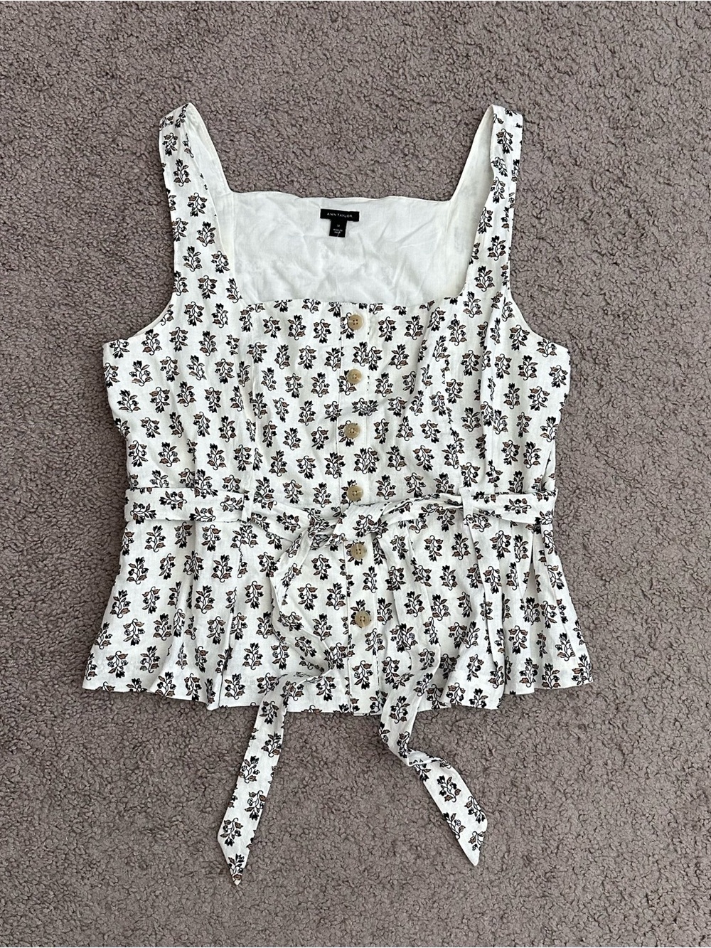 Ann Taylor Floral Button-Front Tie-Waist Tank Top Linen Blend Womens 14